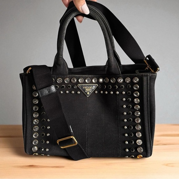 Prada Black & Gold Triple Studded Canapa PM Two Way Mini Tote Bag - Picture 1 of 9